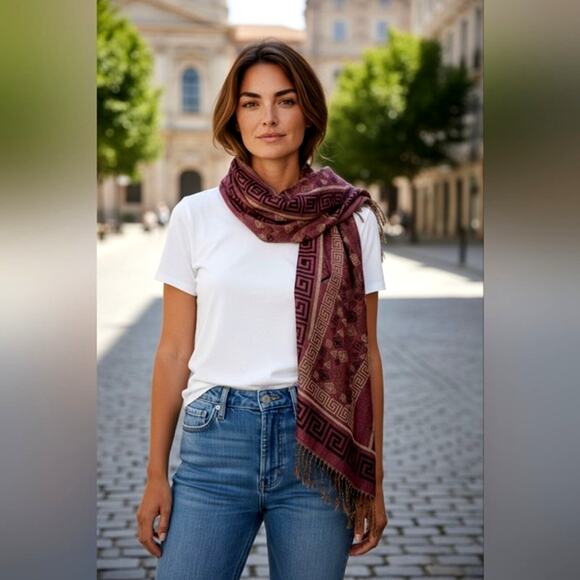 Pashmina EXOTIC Shoulder Wrap Shaw 68" x 25" Maroon & Gold LARGE Fringe Aztec - Picture 6 of 13